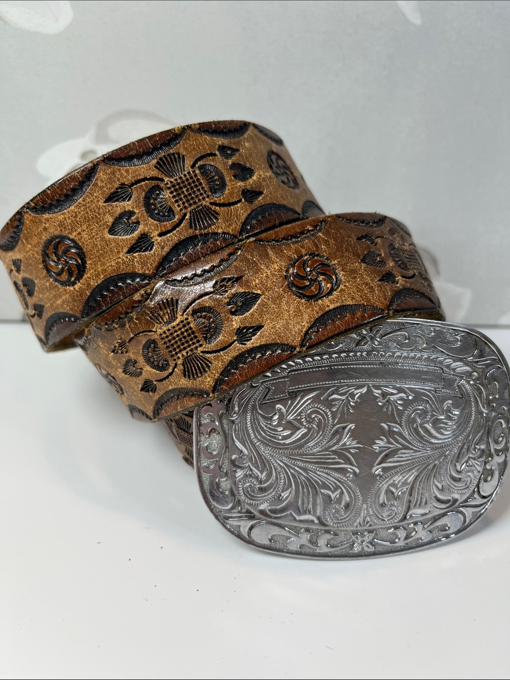 Vintage Belt Hand Tooled Leather Belt